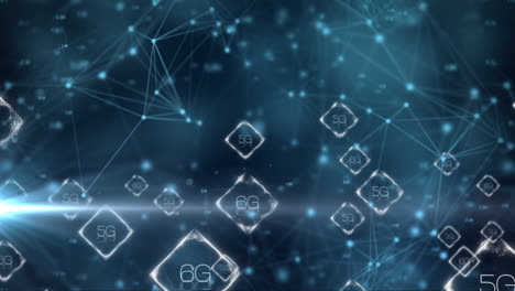 Animation of network of connections of 5g icons on blue and black background