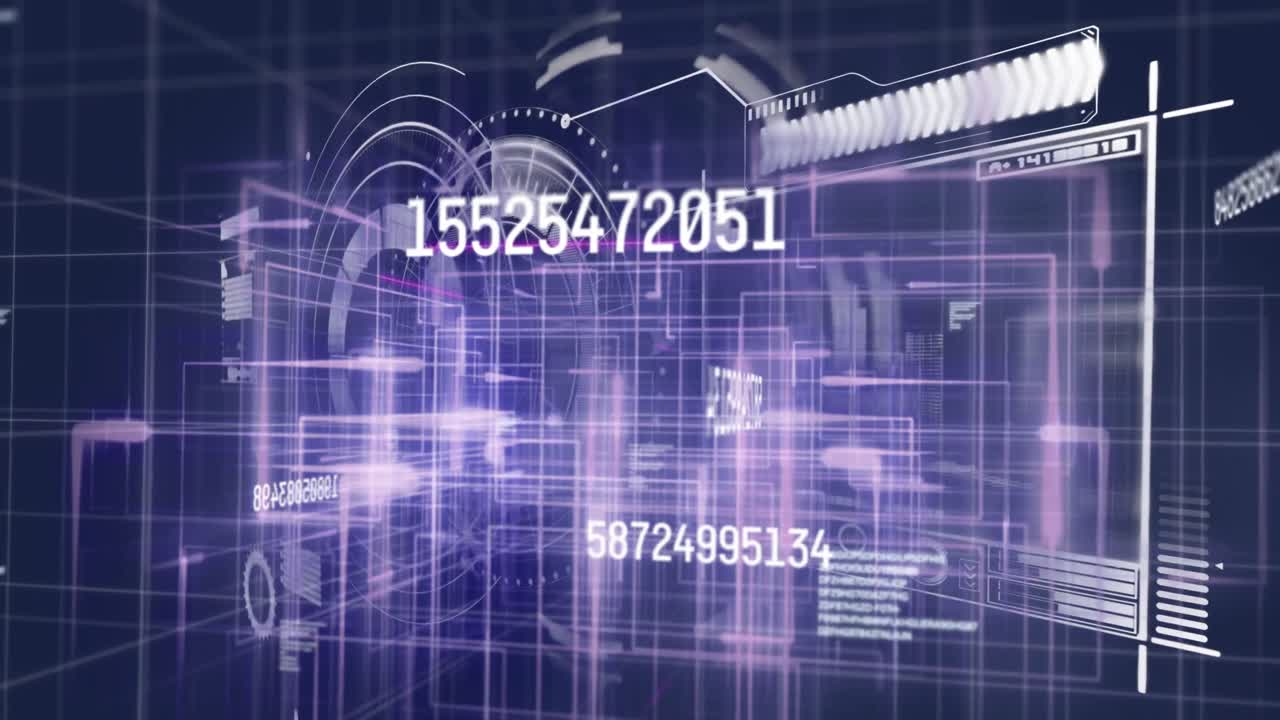Animation of changing numbers and purple light trails against interface with data processing