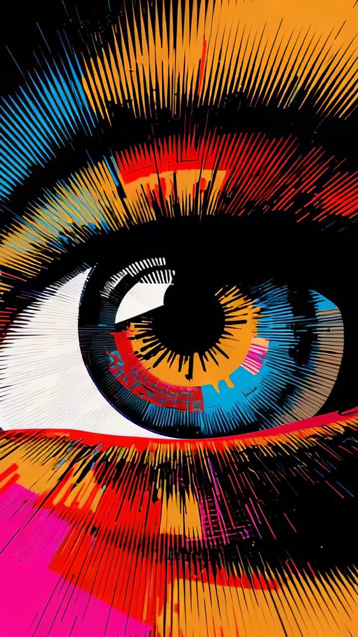 Vertical video: Shifting frames centering stylized eye zooming on panel revealing vivid iris, pupil