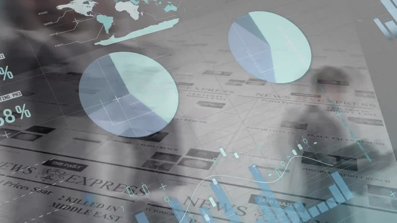 Animation of statistical data processing over businesspeople walking against newspaper printing