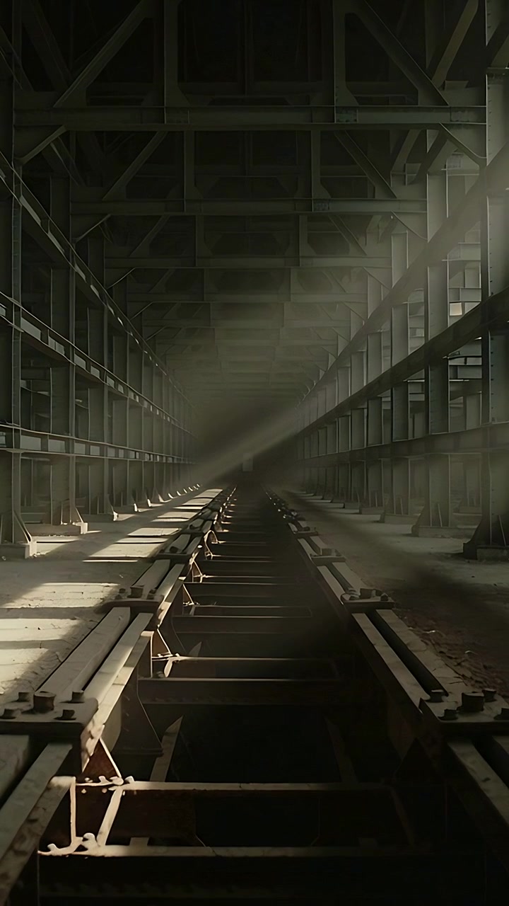 Vertical video: Leading central metal rails drawing eye down vast hall, subtle move shifting light