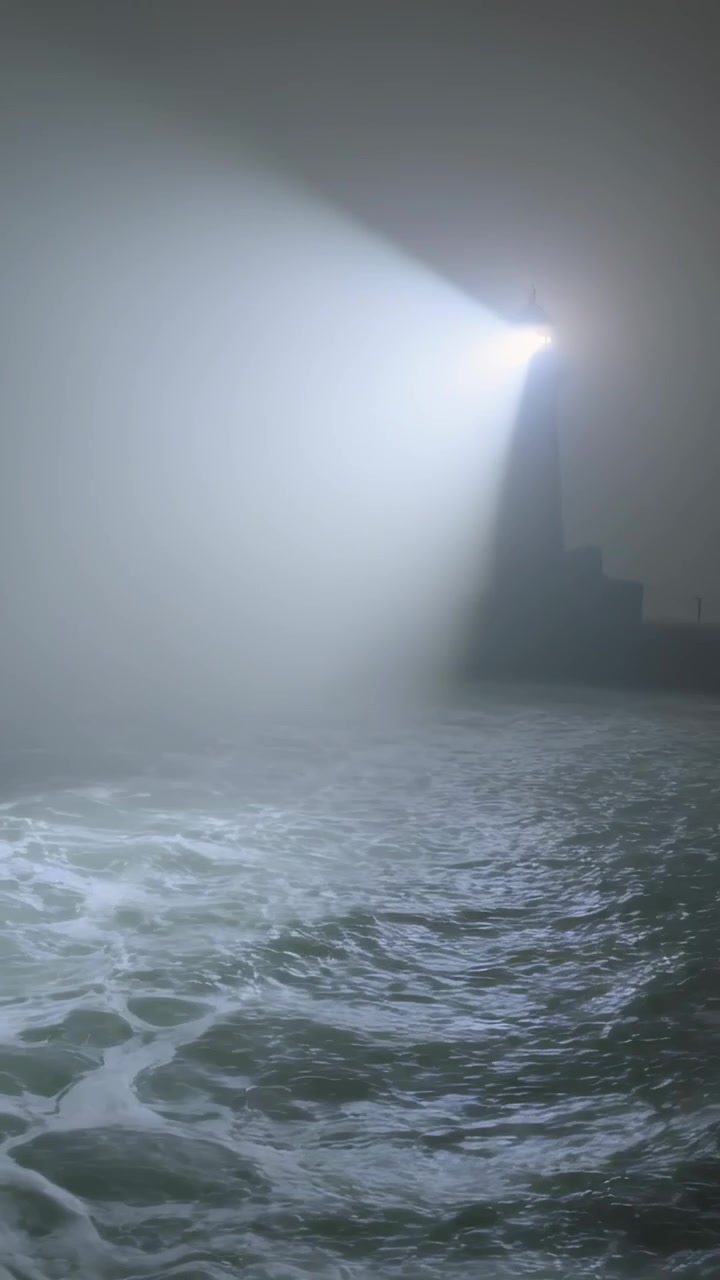 Video verticale: Faro rotante che proietta un fascio di luce attraverso il mare nebbioso vicino al molo, guidando le navi, spazio per il testo.