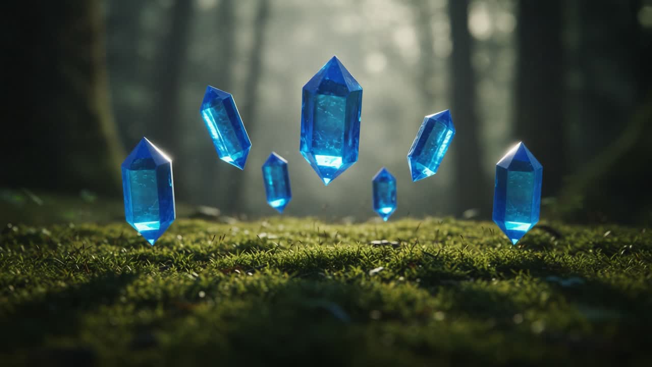 A mesmerizing collection of ethereal blue crystals floating gracefully above the lush green forest floor, surrounded by soft beams of mystical light and enchantment