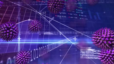 Animation-of-macro-Covid-19-cells-floating-over-data-recording,-statistics-showing.