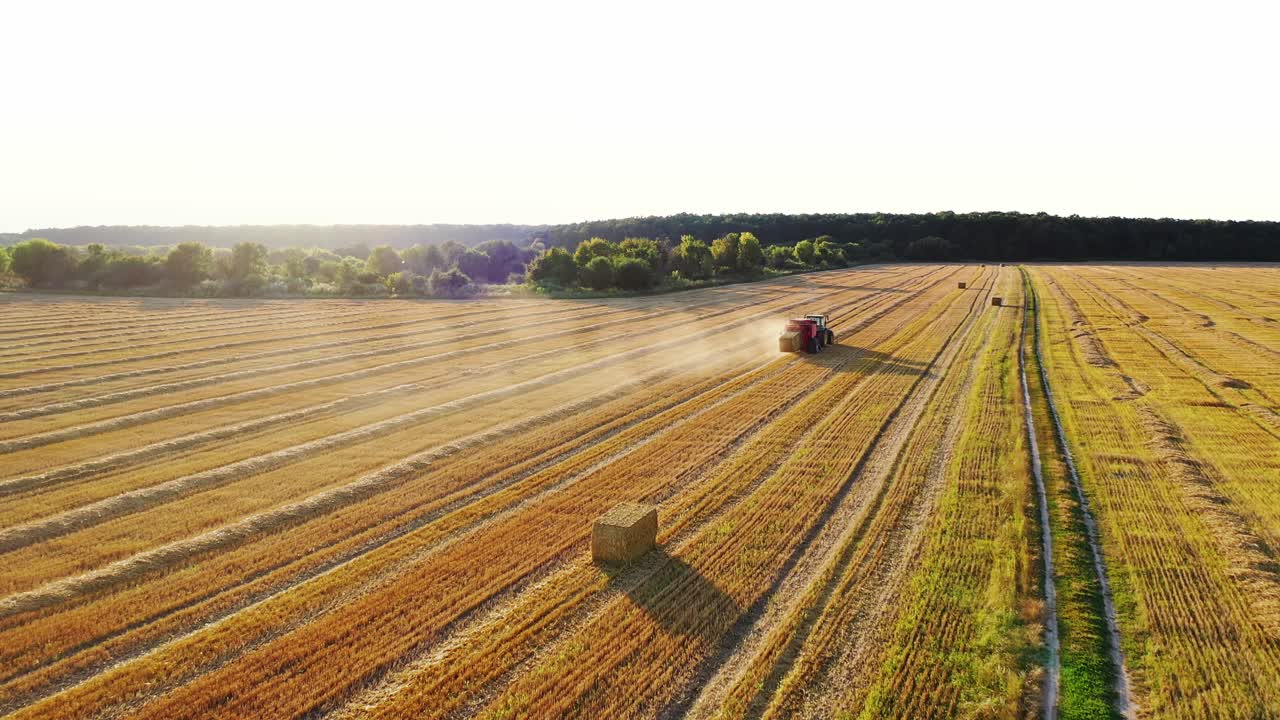 Tractor baling dry grass on the field. Square bales are coming from tractor after collecting hay. Seasonal works on the natural landscape in summer. Aerial view.