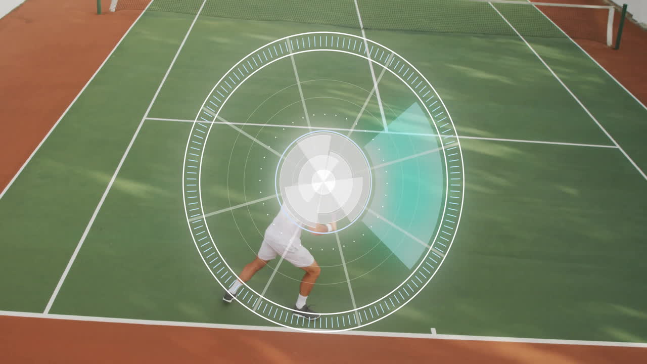 Male tennis player swinging racket on court, featuring sports tech HUD overlay tracking speed
