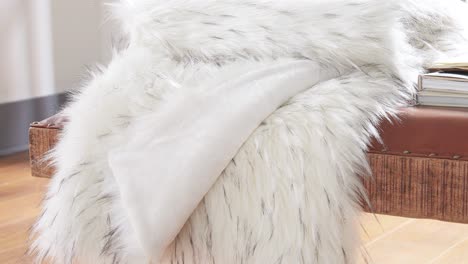 wide slow pan shows fur blanket across leather bench in soft light
