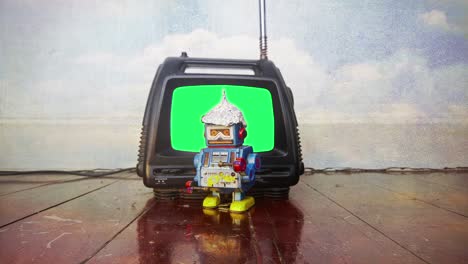 little tin bot wit his foil hat watching tv