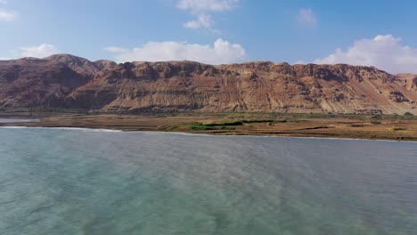 deadsea fly over, desert flourishing after the rains, fly over, red mountain background