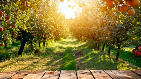 a wooden table in front of an apple orchard with the sun shining through the trees