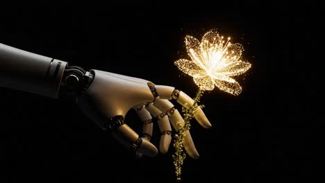 a robotic hand gently holding a sparkling flower against a dark background, symbolizing the intersection of technology and nature's beauty