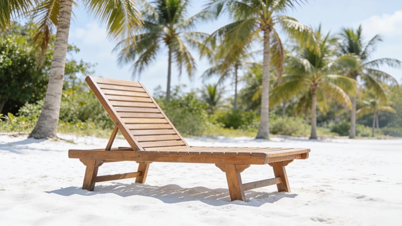 Showing wooden lounge chair staying centered on white sand, light breeze causing fronds swaying