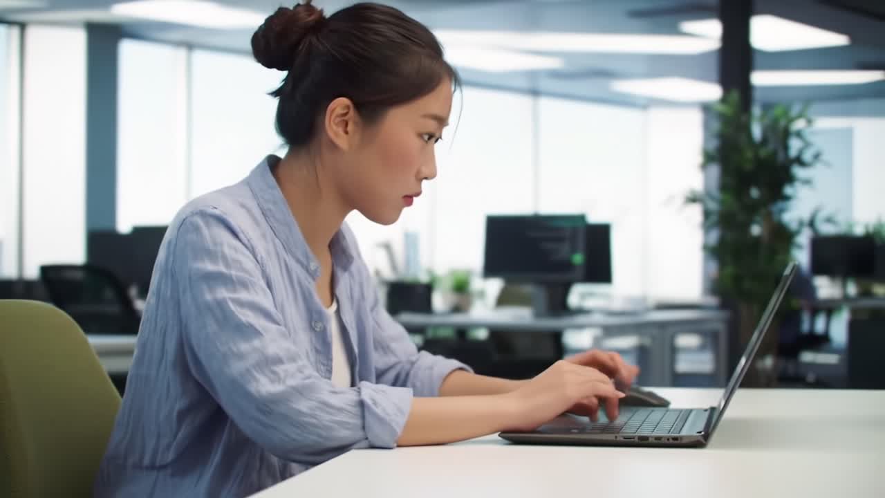 Focused Professional Working on Laptop in Modern Office Space, Engaged in Task While Colleagues Move in Background, Demonstrating Concentration and Productivity