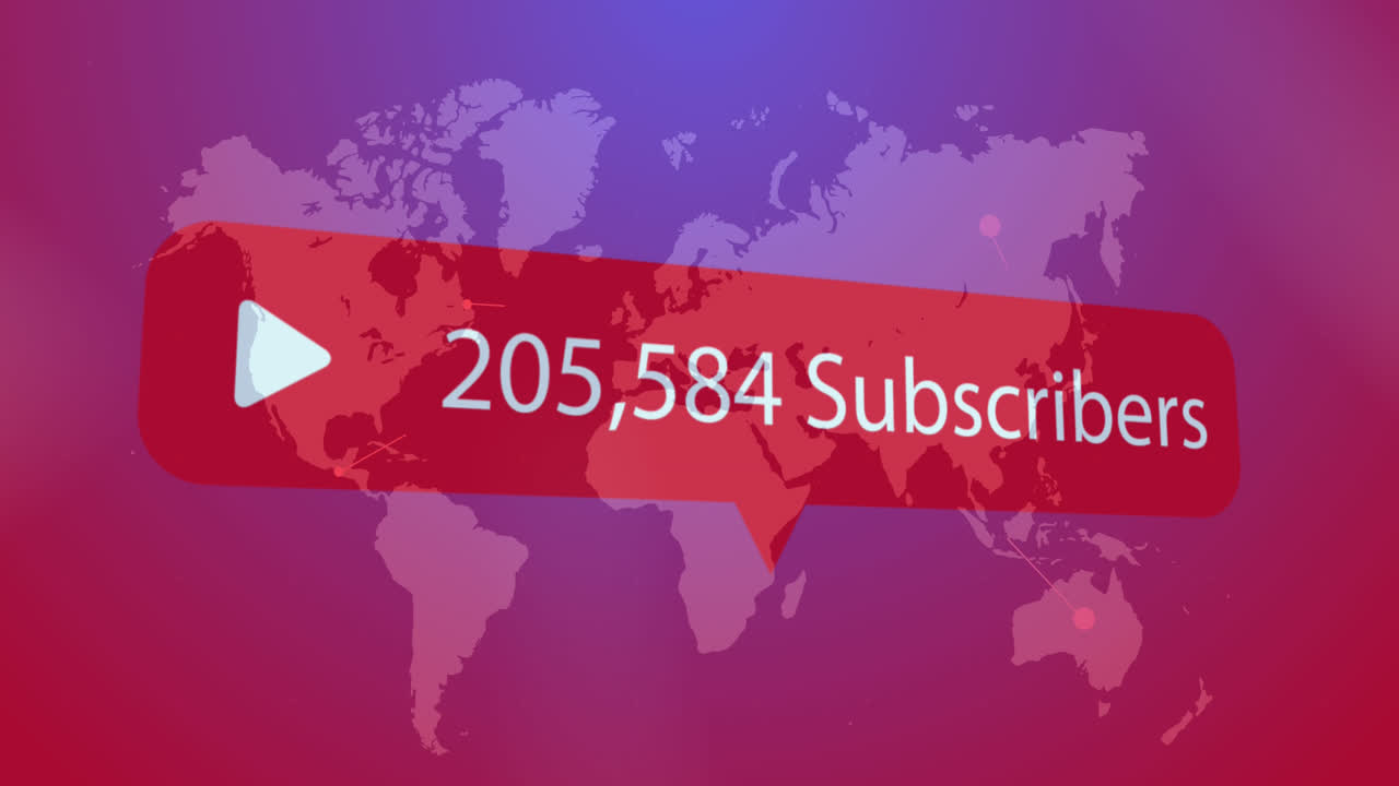 icono de juego y aumento de suscriptores contra el mapa del mundo en fondo de gradiente