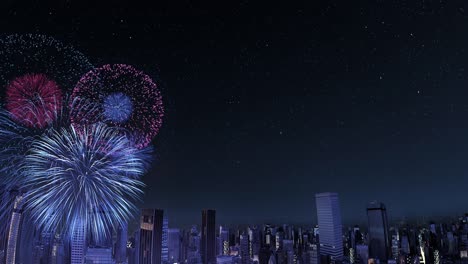 loop able. firework explode festivities on dark urban skyline background. holiday aerial fireworks in city sky. fly drone scene city night lights. 3d rendering