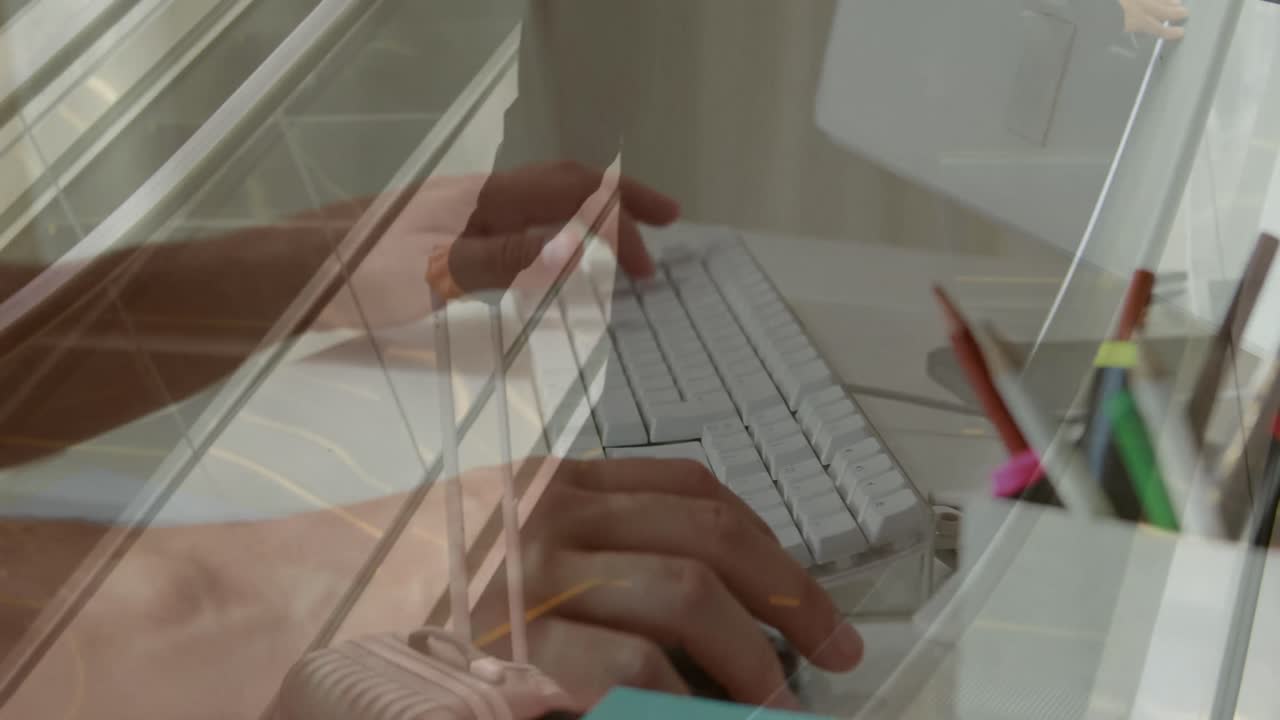 공항에서 백인 사업가 위에 컴퓨터를 사용하여 손의 애니메이션