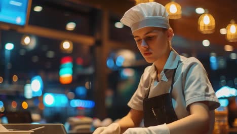 a chef working in a restaurant kitchen at night