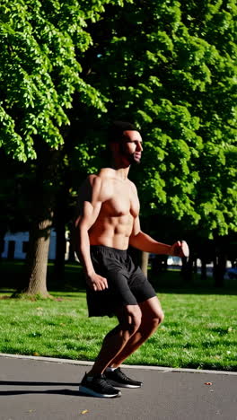 shirtless man exercising outdoors in a park