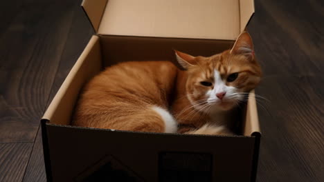 ginger cat sleeping in a cardboard box