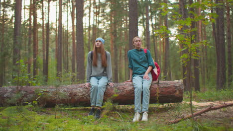 two hikers in jeans and sneakers approach a large fallen tree in lush green forest, sits together with a relaxed expression, sunlight filters through tall pines, casting a warm glow vibrant greenery