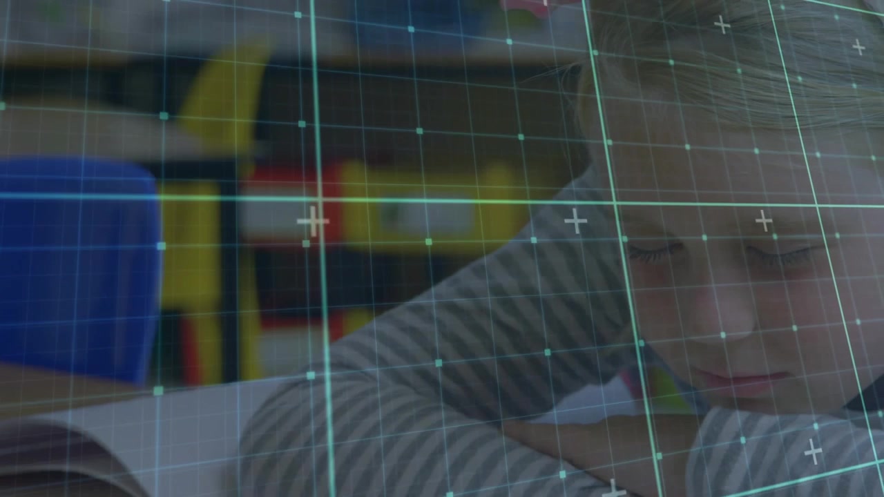 Grid overlay initiating scanning interface, school girl leaning forward reading book for education