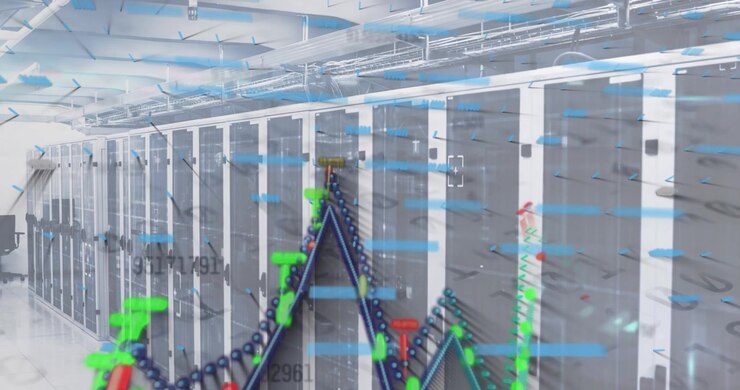 Animation of multiple graphs with numbers and blue abstract pattern over server room