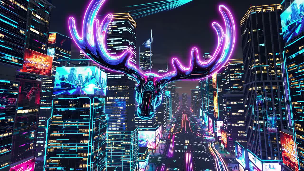Neon Cityscape with Glowing Antlers
