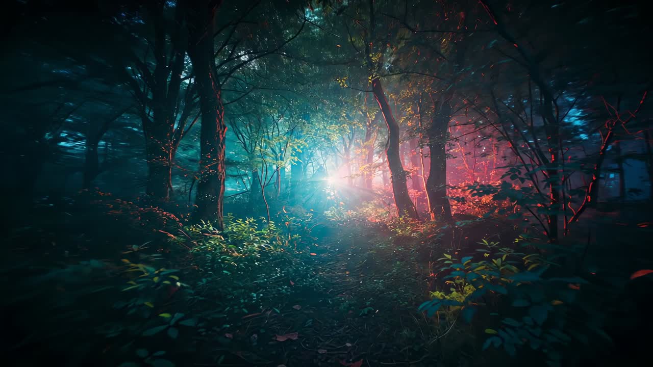 Moving camera forward and right toward light, revealing tree trunks with cyan and magenta shafts