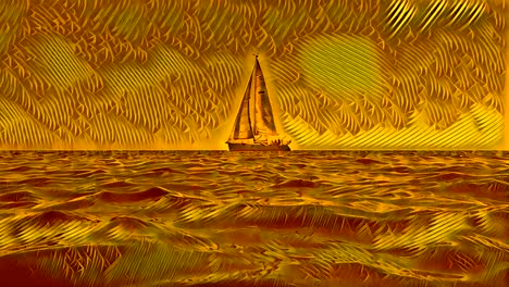 Low-angle-sea-level-animation-of-small-yacht-boat-sailing-in-calm-open-ocean-water