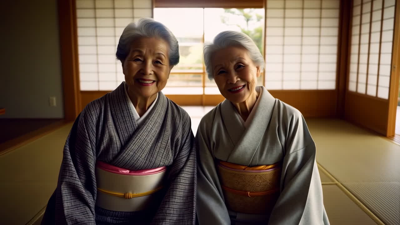 Two Smiling Elderly Japanese Women in Kimonos in a Traditional Room