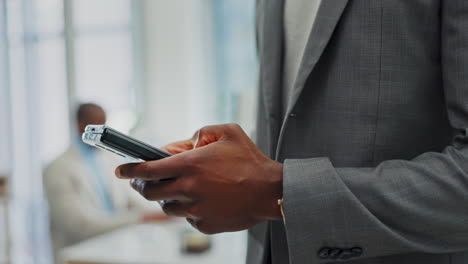 search, phone and hands of business man in office