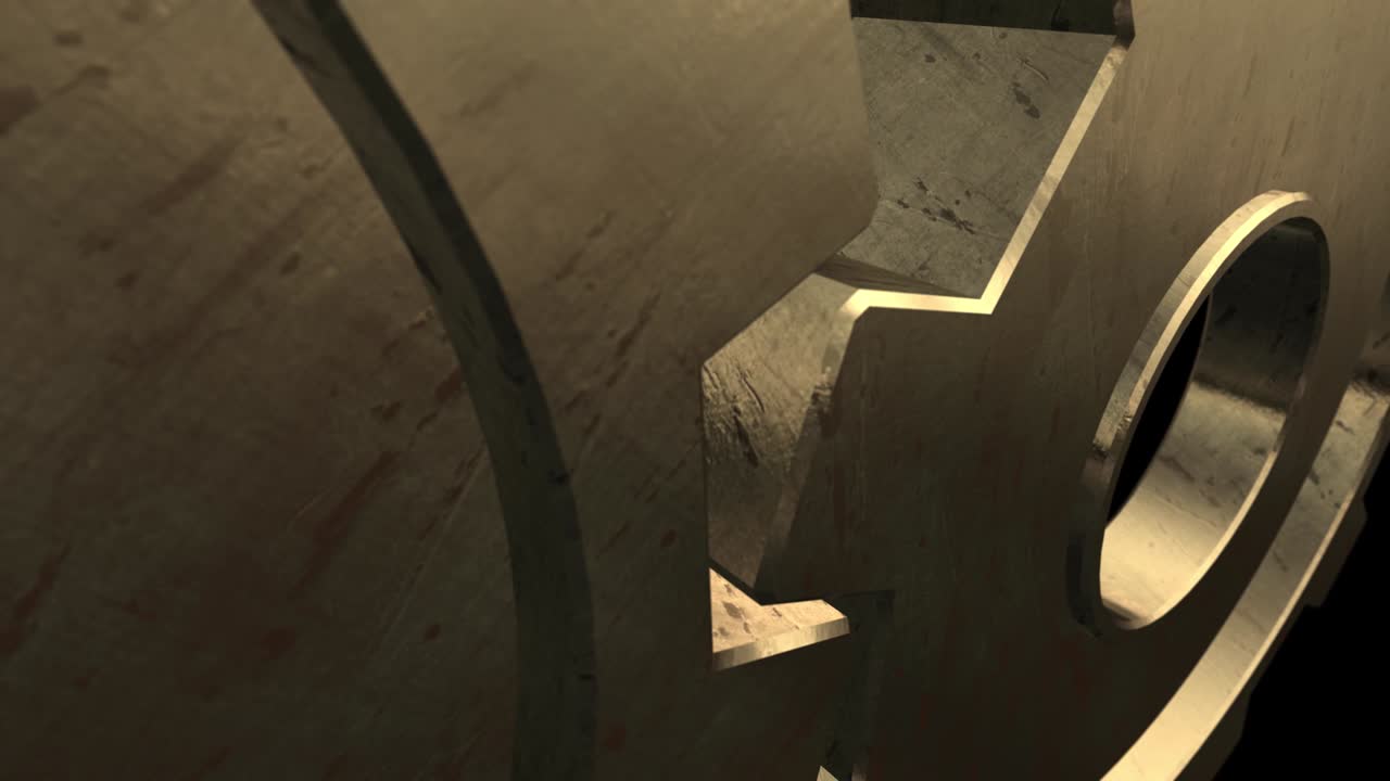 3D animation of rotating golden gears on a Black background. Alpha channel