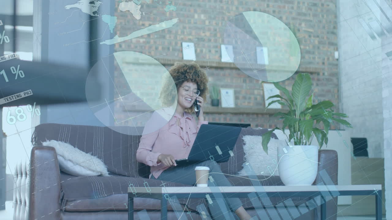 Animation of financial data processing over african american businesswoman in office