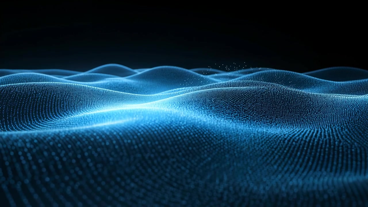 Playback starting blue point-cloud rippling across black void, glowing seams, sparkles for display