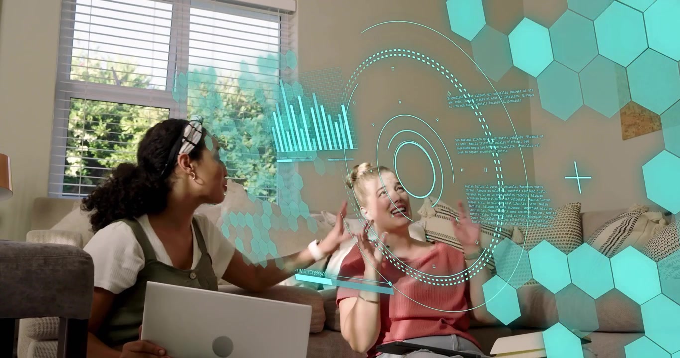 Friends swiping hologram panels then sliding to floor reviewing diagrams for tech design