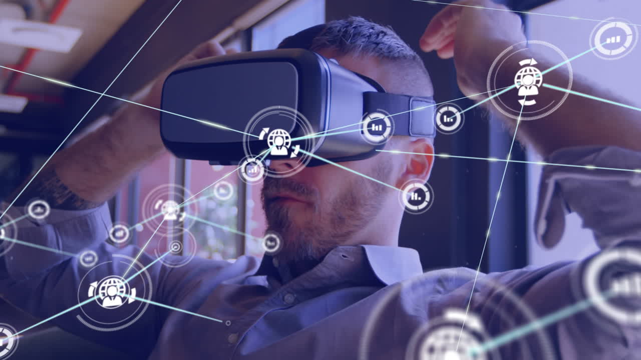 Animation of network of connections with icons over biracial businessman using vr headset