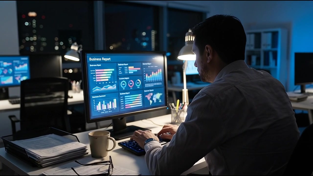 Stressed Businessman Working Late at Night in Office