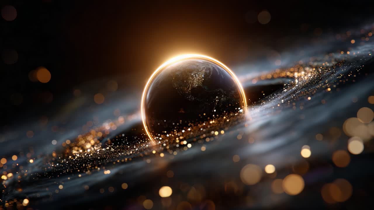 A Stunning Visualization of Earth Amidst a Cosmic Scene with Glowing Orbital Elements and Twinkling Cosmic Dust in Space's Dark Depths
