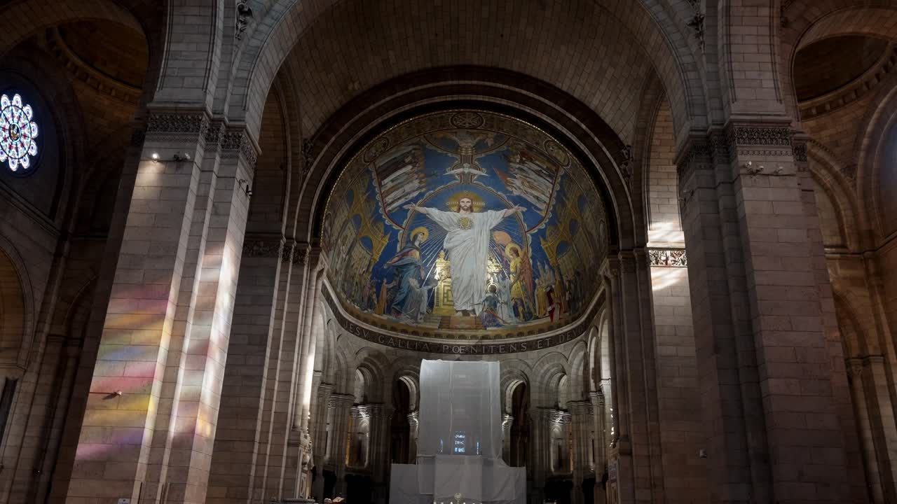 Wide angle Stunning view of a Jesus Christ Mural in the roof of The Basilica of the Sacred Heart of Paris.