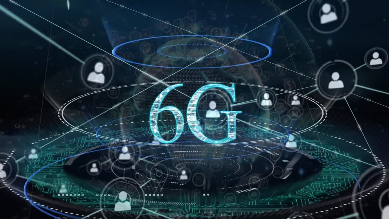 animazione di testo 6g e icone collegate su modello di scheda di circuito e cerchi intorno al globo
