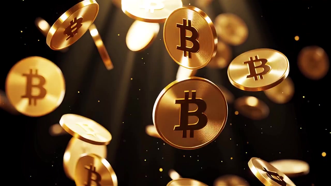 Bitcoin in rotazione su sfondo nero drammatico 4k