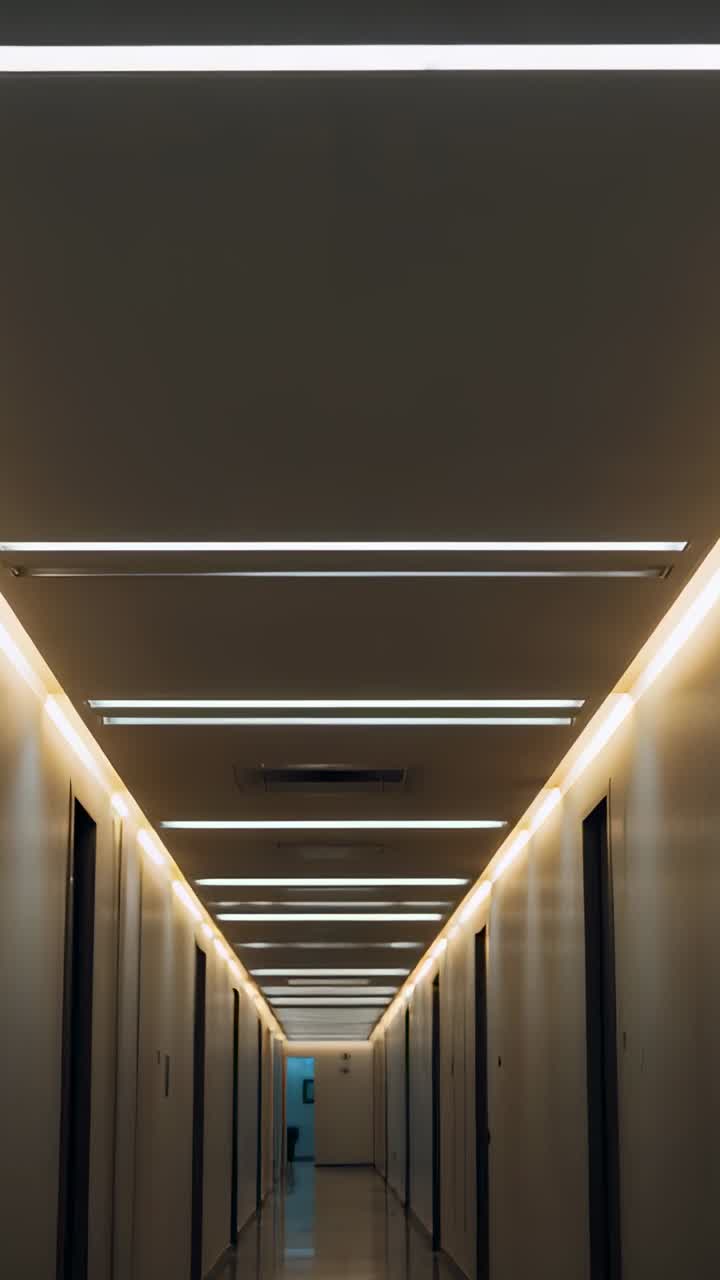 Vertical video: Moving camera forward from center revealing hotel corridor LEDs toward blue doorway