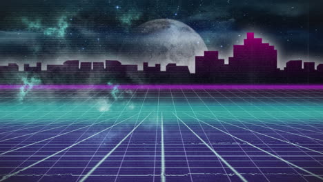animación del paisaje urbano nocturno sobre una cuadrícula azul en movimiento