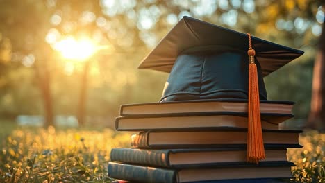 graduation cap on stack of books in sunlight