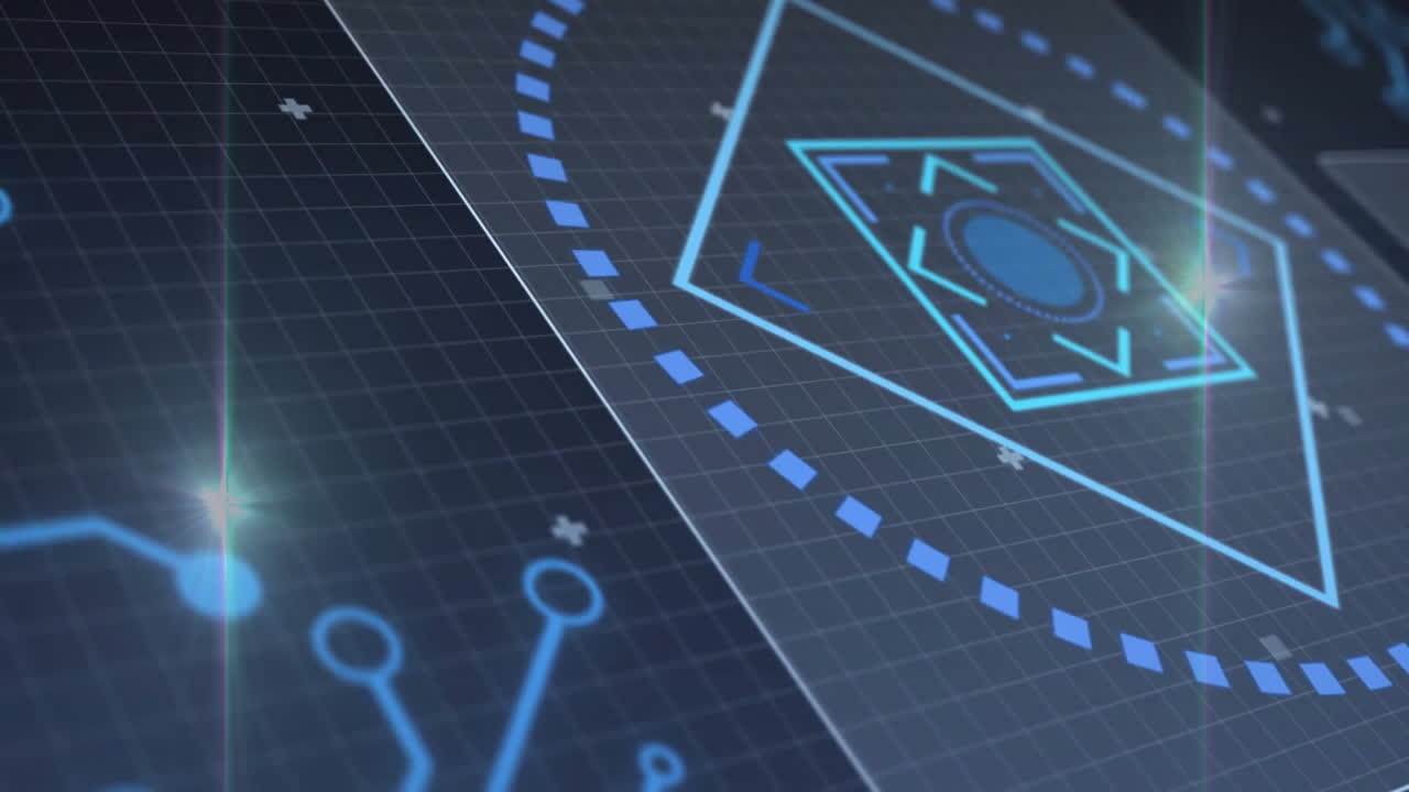 Animating futuristic interface with geometric shapes and circuit patterns