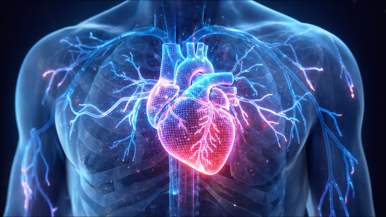 Cuerpo humano con corazón resaltado brillando en el pecho, que muestra la función del órgano cardiovascular, visualización médica.