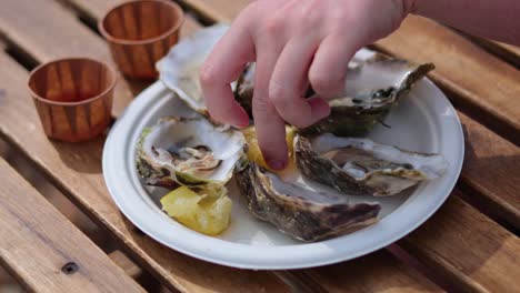 oysters and lemon on a wooden table