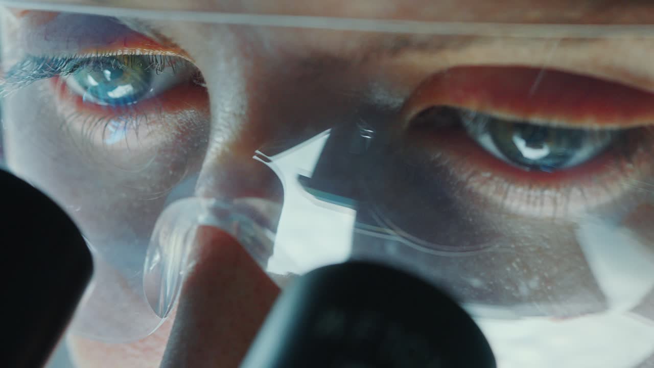 Eyes of Female Chemist in Safety Glasses Using Lab Microscope