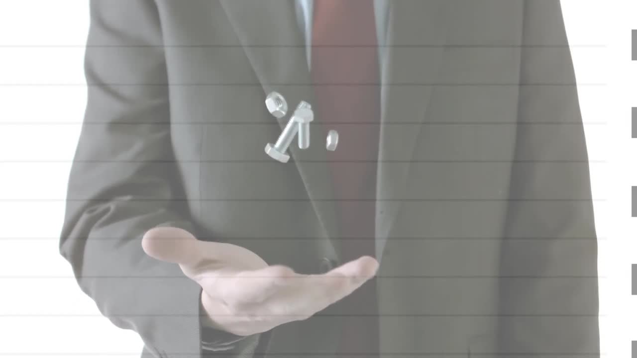 ⁇ 색 배경 에 사업가 가 견과류 와 볼트 를 던지고 잡는 것 을 보여 주는 라인 의 애니메이션