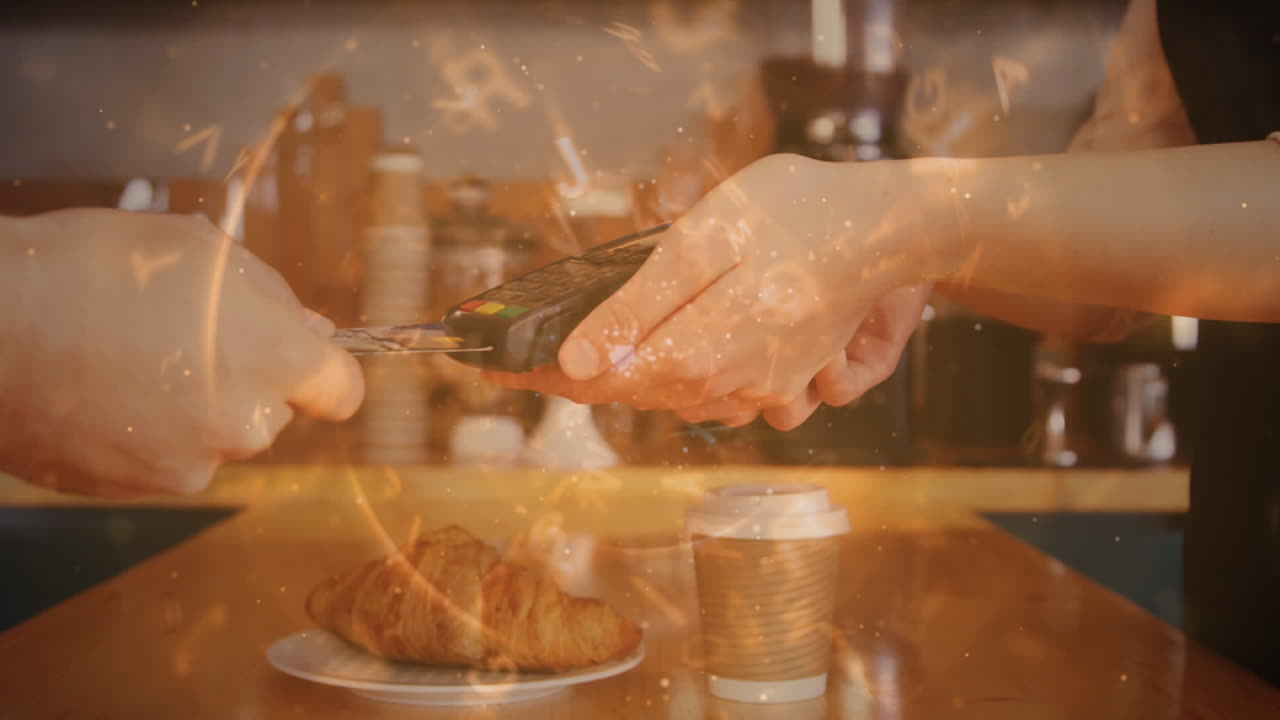 바에 서 있는 백인 남성 위에 오렌지색 원으로 떠다니는 글자와 숫자의 애니메이션